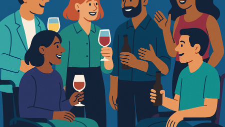 Auf dem Plakat stehen Menschen zusammen die sich unterhalten und etwas trinken.