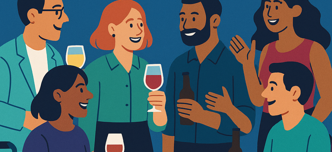 Auf dem Plakat stehen Menschen zusammen die sich unterhalten und etwas trinken.