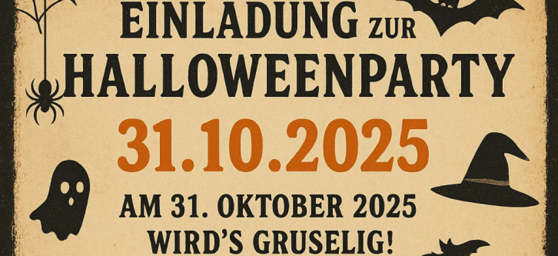 Ein Plakat, garniert mit Fledermäusen, Spinnen und Grabsteinen lädt zur Helloweenparty ein.