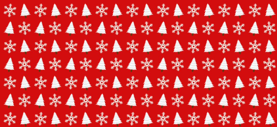 Weiße Schneeflocken und weiße Tannenbäume auf rotem Hintergrund