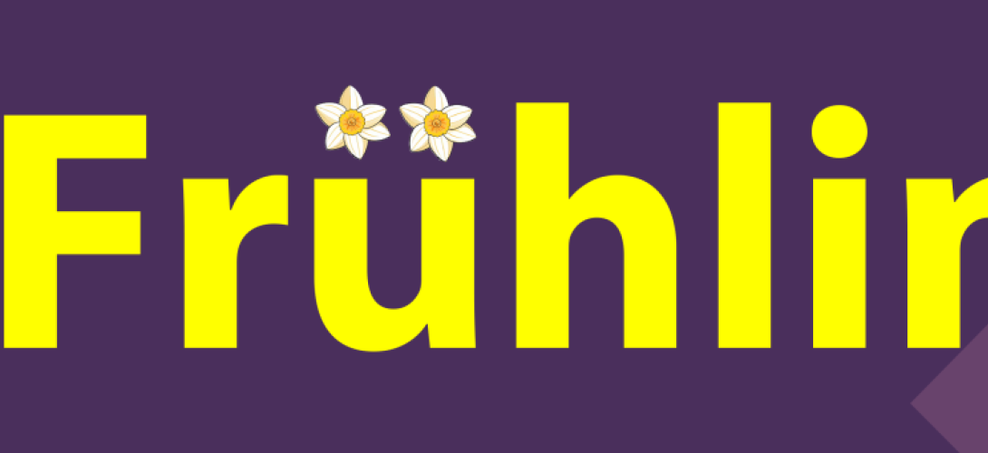 Das Wort "Frühling in gelber Schrift auf lila Hintergrund. auf dem "ü" sind zwei Blumen anstatt der Pünktchen.