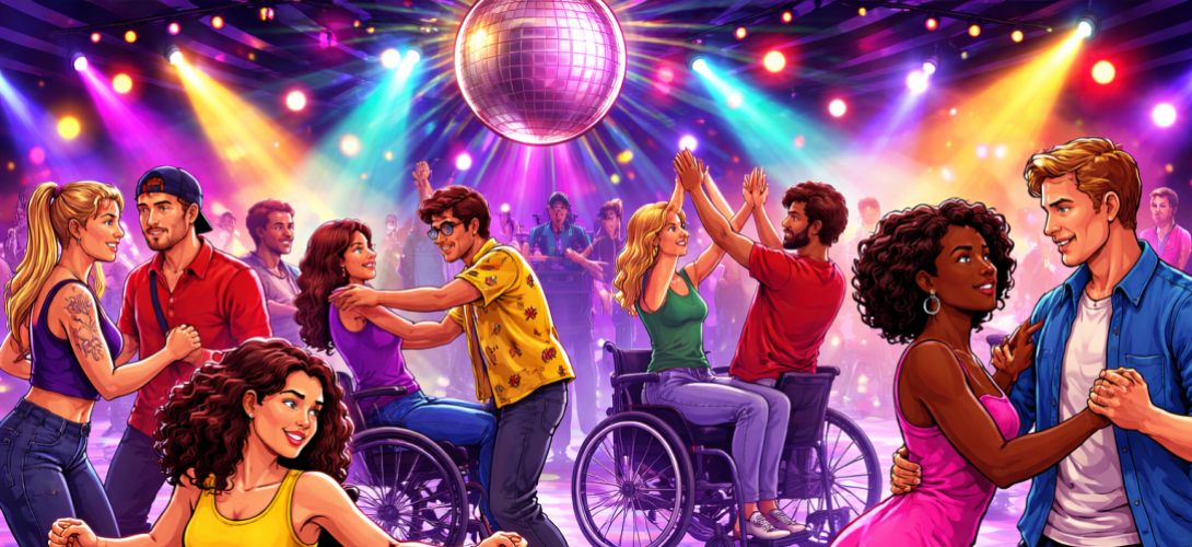 Auf dem Bild sind Menschen mit und ohne Rollstuhl zu sehen, die tanzen. Es gibt bunte Lichter und eine Discokugel